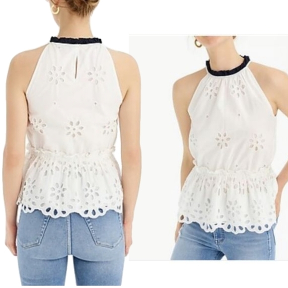 🆕️ J. Crew White Eyelet Sleeveless Top with Navy Mocked Neck. NWT - Picture 14 of 15